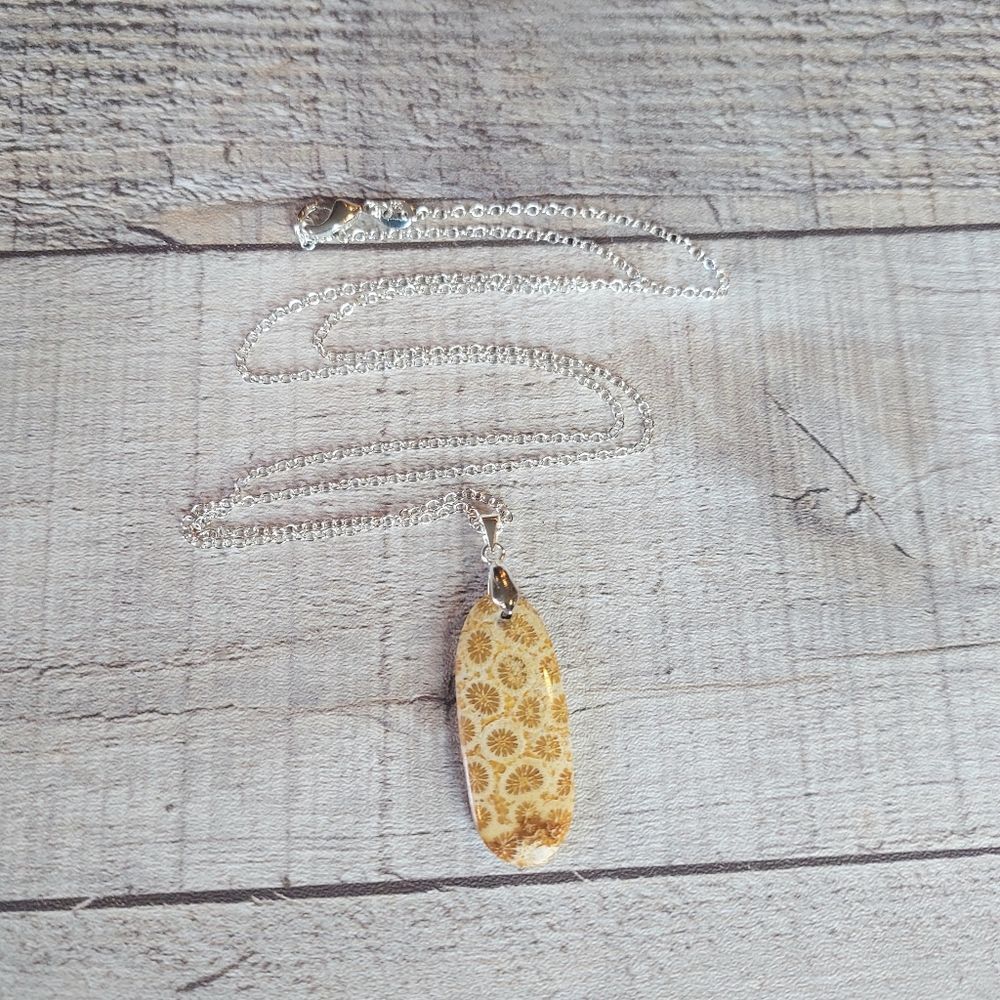 Yellow Coral Necklace Natural Fossil Pendant Oval - Picture 4 of 5